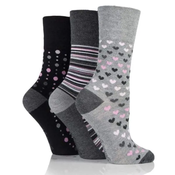 3 Pairs Non Binding Bamboo Socks for Women in Grey Heart, Stripe & Dot