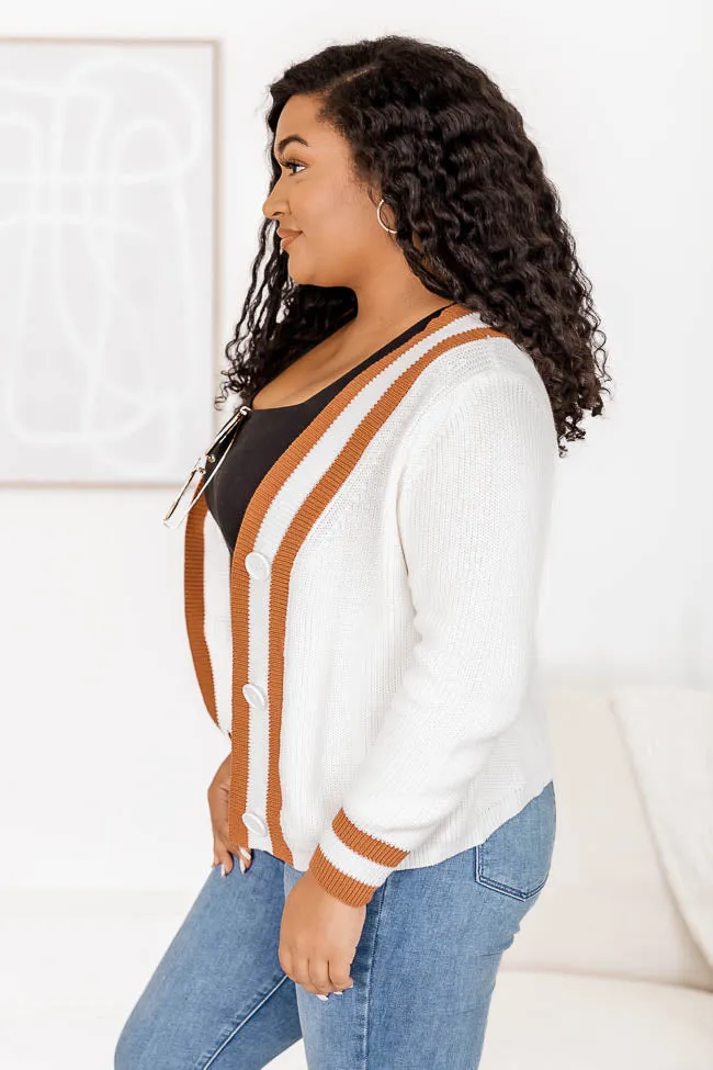 All In The Details Ivory/ Brown Varsity Style Cardigan FINAL SALE