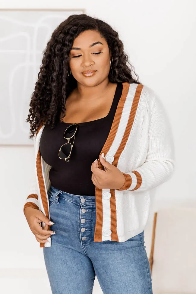 All In The Details Ivory/ Brown Varsity Style Cardigan FINAL SALE