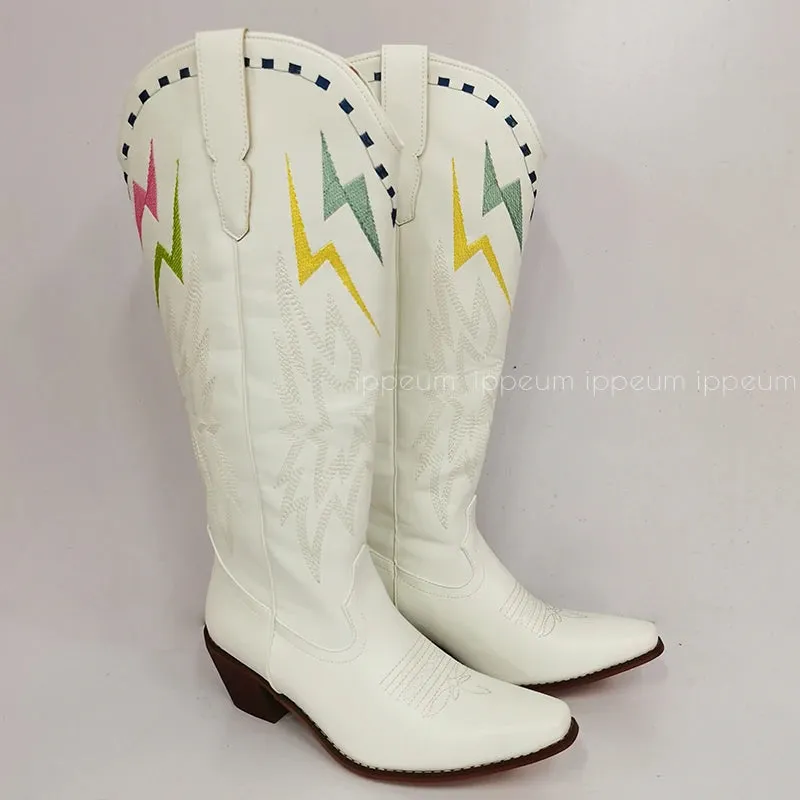 Black Knee High Western Cowboy Boots For Women Embroidered White Pointed Toe Shoes White Wide Calf Cowgirl Boots