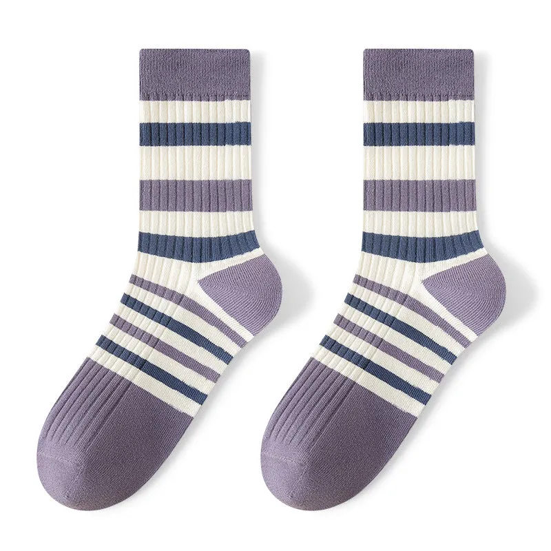 Breathable Sweat Absorbing Men's Mid-Calf Length Sock Striped Colors Retro Socks