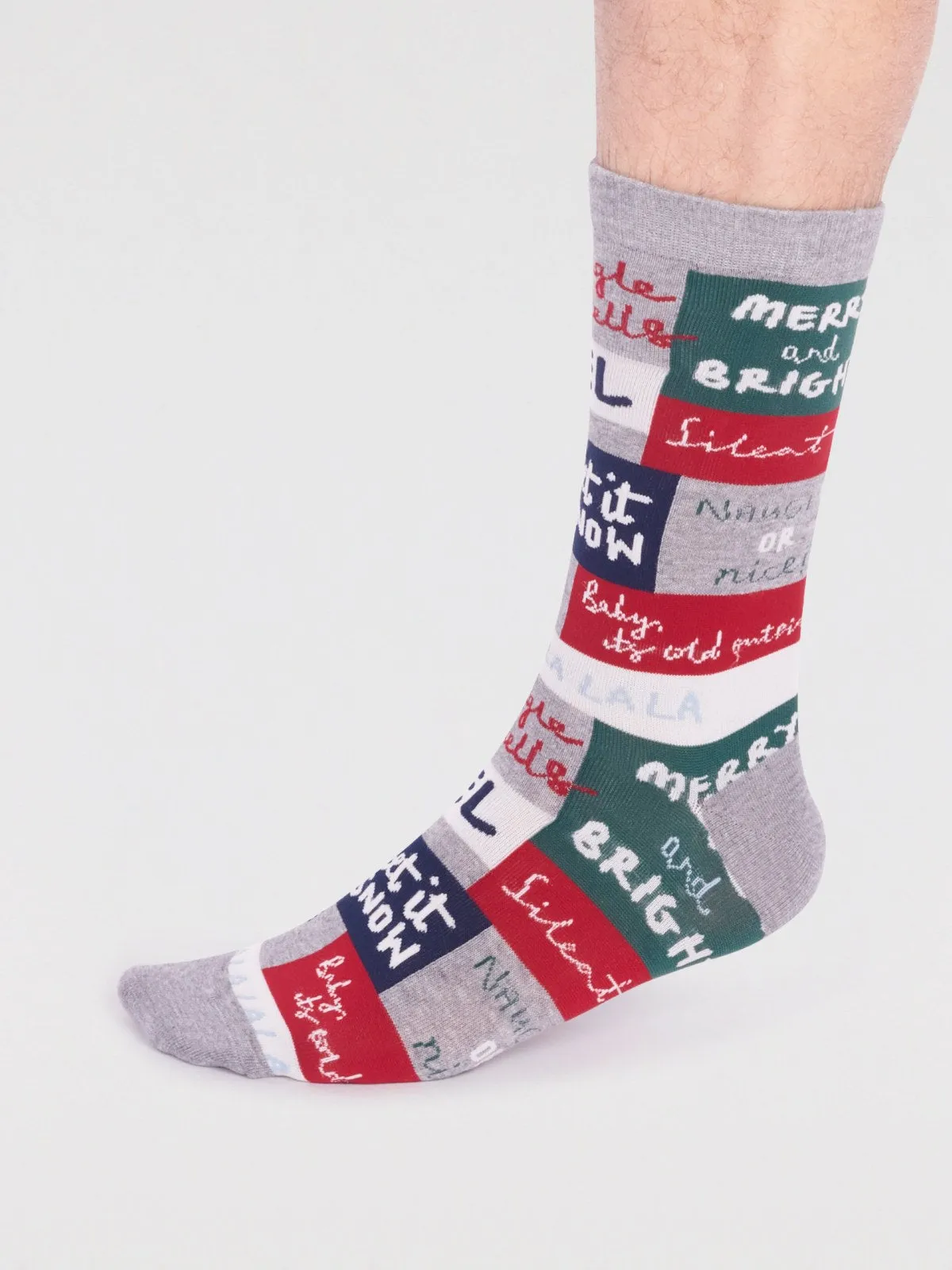 Caleb Organic Cotton Christmas Slogan Socks - Grey Marle