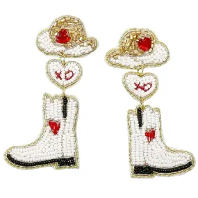 Cowgirl Boots And Hat Heart Seed Bead Earrings