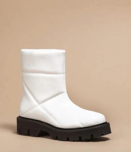 DAMU Quilted Patent Vegan Bootie White