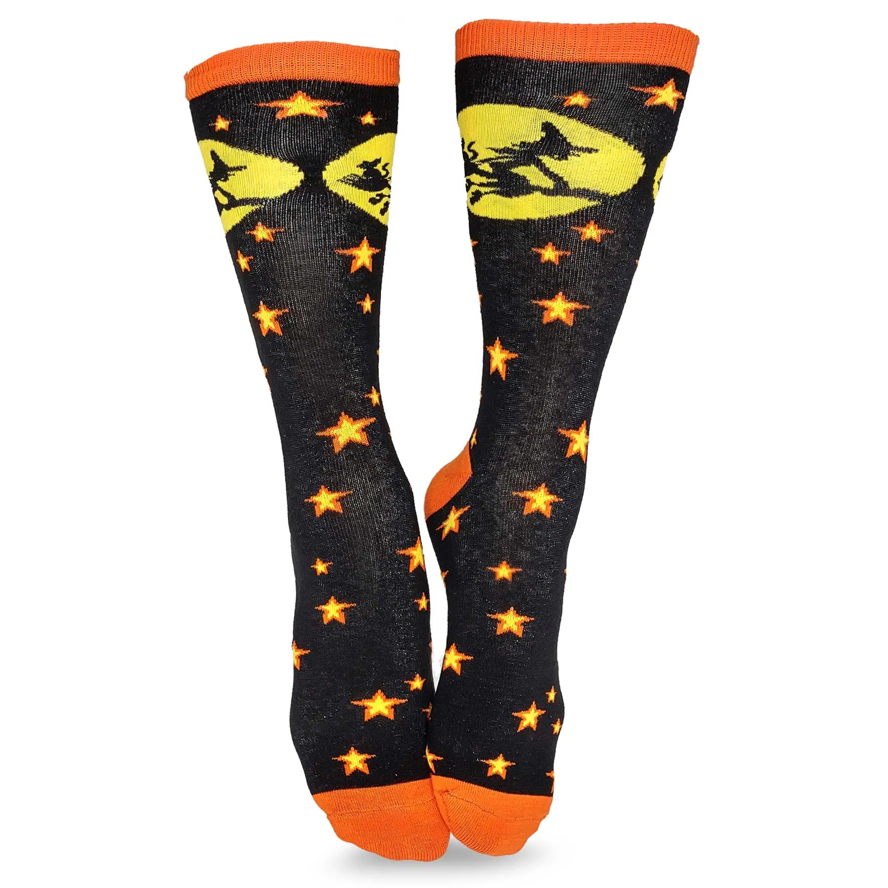 Halloween Witch on Broomstick Black Orange Novelty Crew Socks for Women 1 Pair 9-11 (2316)