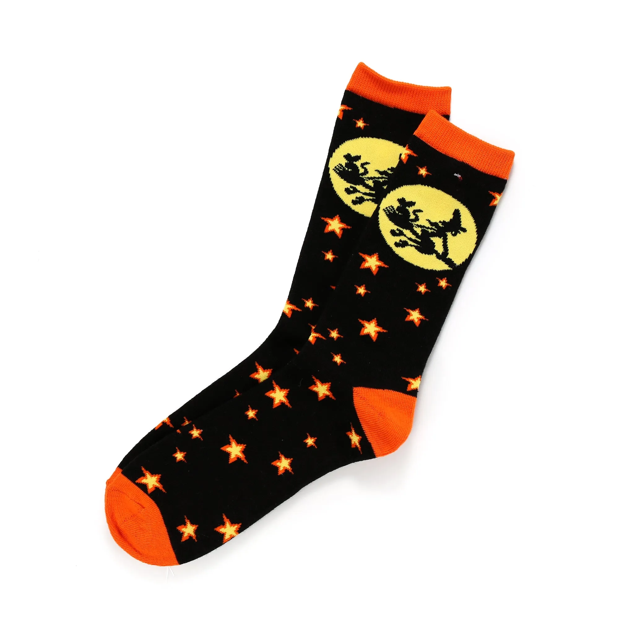 Halloween Witch on Broomstick Black Orange Novelty Crew Socks for Women 1 Pair 9-11 (2316)