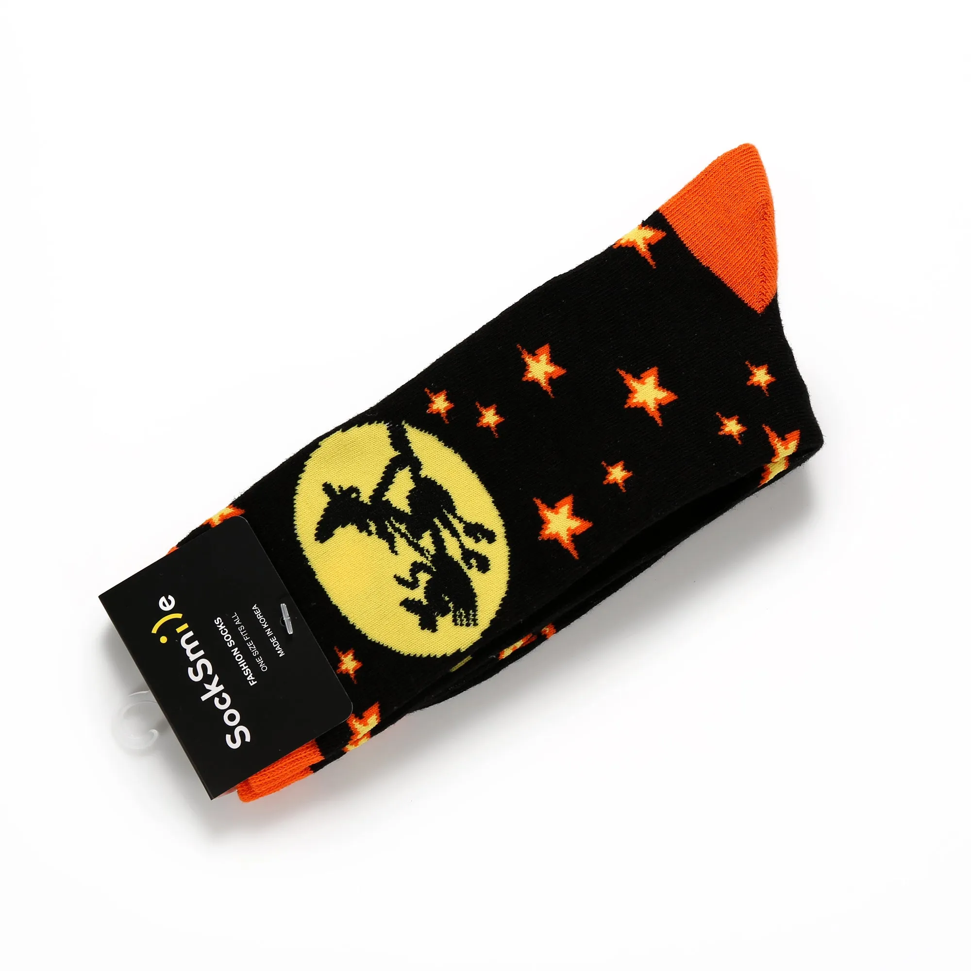 Halloween Witch on Broomstick Black Orange Novelty Crew Socks for Women 1 Pair 9-11 (2316)