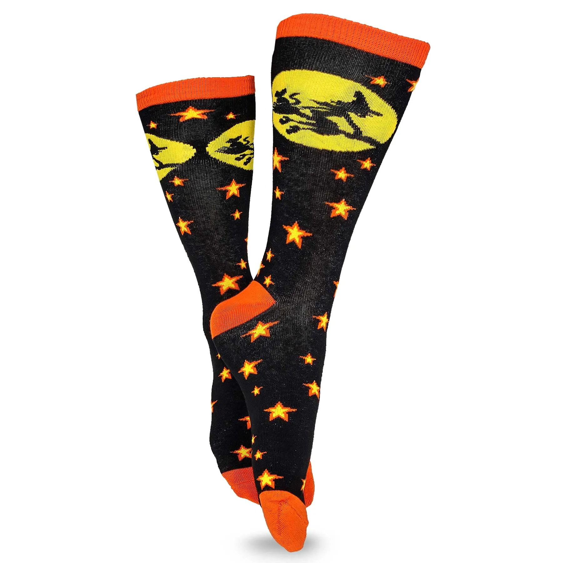 Halloween Witch on Broomstick Black Orange Novelty Crew Socks for Women 1 Pair 9-11 (2316)