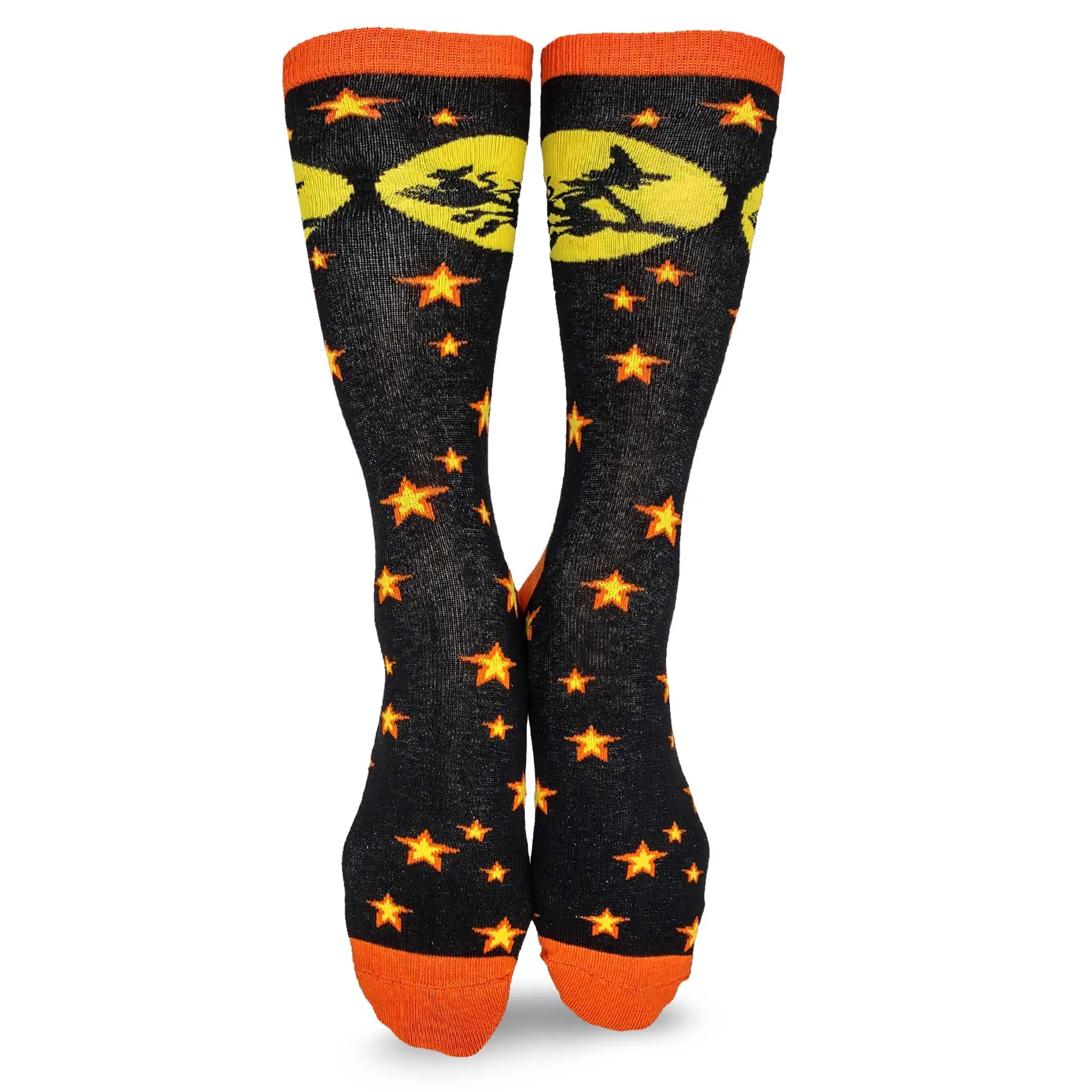 Halloween Witch on Broomstick Black Orange Novelty Crew Socks for Women 1 Pair 9-11 (2316)