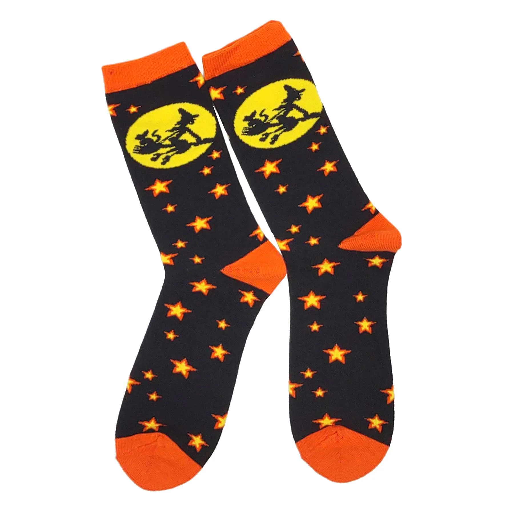 Halloween Witch on Broomstick Black Orange Novelty Crew Socks for Women 1 Pair 9-11 (2316)