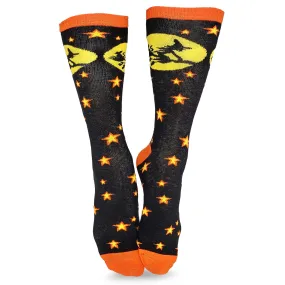 Halloween Witch on Broomstick Black Orange Novelty Crew Socks for Women 1 Pair 9-11 (2316)