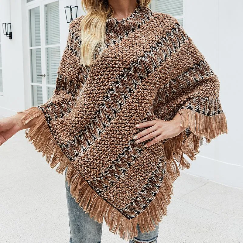 Shawl cloak sweater striped color tassel sweater coat women