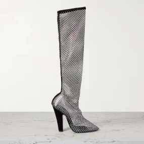 SUEDE-TRIMMED CRYSTAL-EMBELLISHED FISHNET KNEE BOOTS