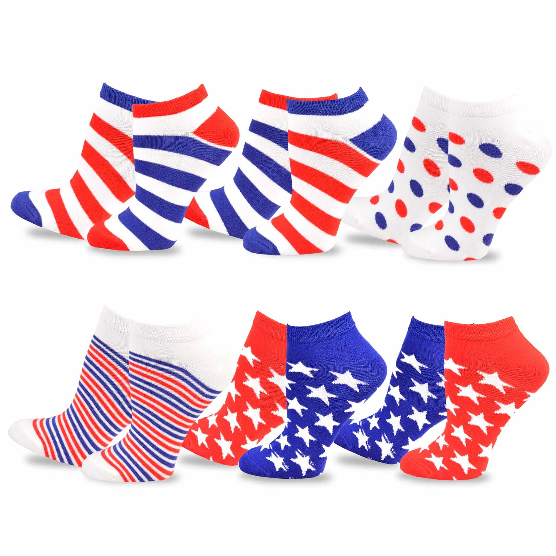 TeeHee Socks Women's 4th of July Cotton No Show Stars, Stripes and Dots 6-Pack (11153)