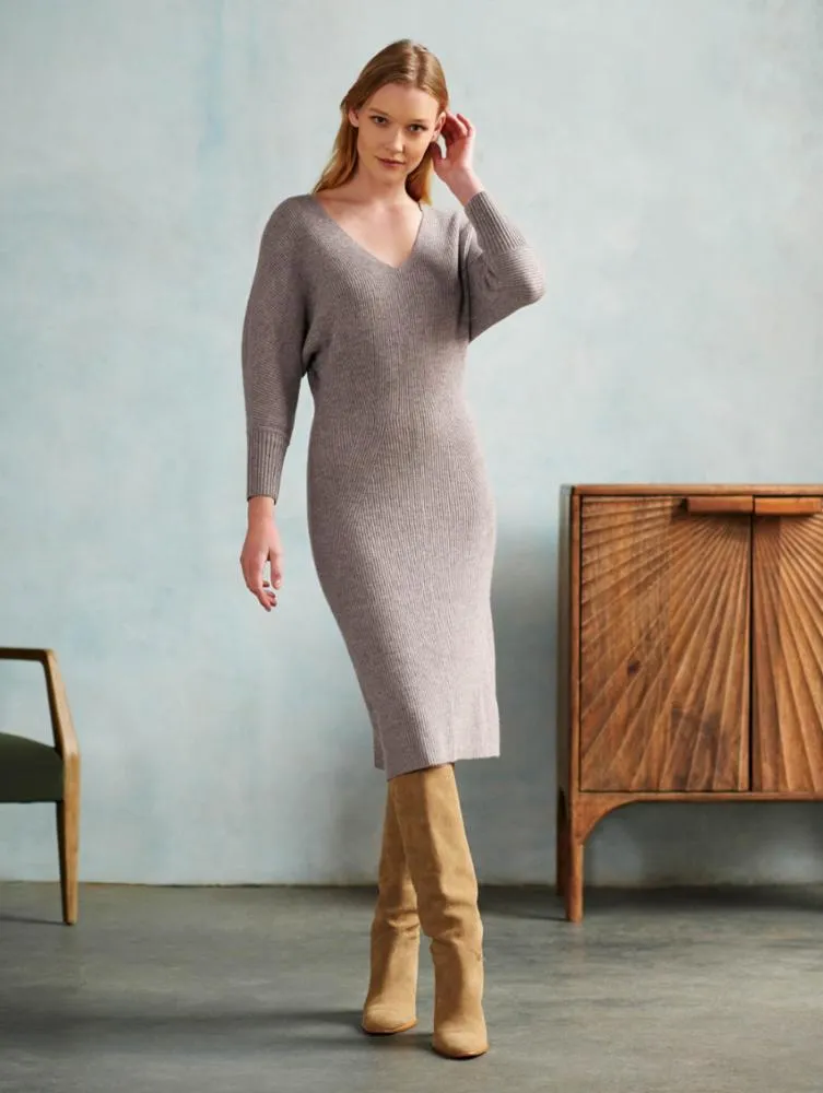 White   Warren - Cashmere Ribbed V Neck Dress in Stonewood Heather