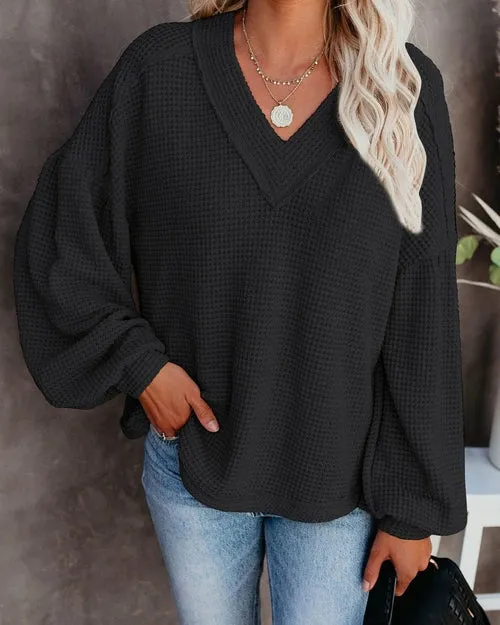 Women's Long Sleeve V Neck Knit Sweater Solid Color Tops